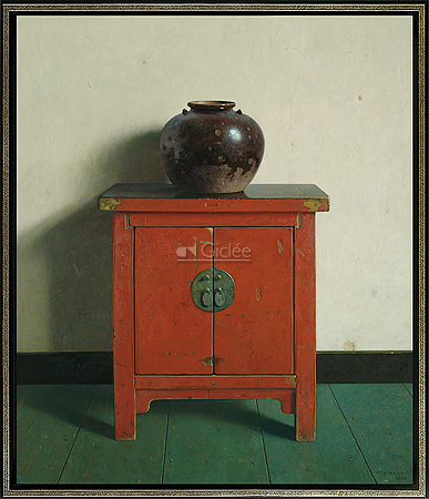 Chinese pot op rode Chinese kast