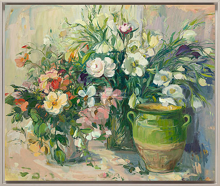 Green vase and bouquet