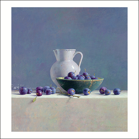 Still life with plums and Spanish pitcher