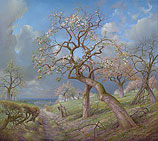 Bloeiende appelbomen met Maasvallei