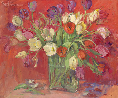 Tulpen op rode achtergrond