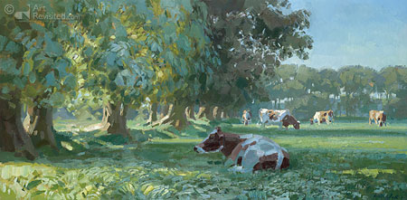 Koeien bij bomenrij in ochtendlicht