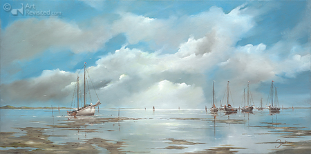 The brown fleet on the blue tidal flats