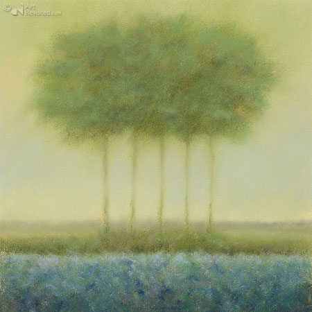Blauw landschap met 5 bomen
