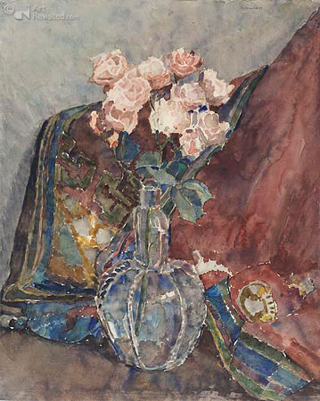 Vaas met roze rozen