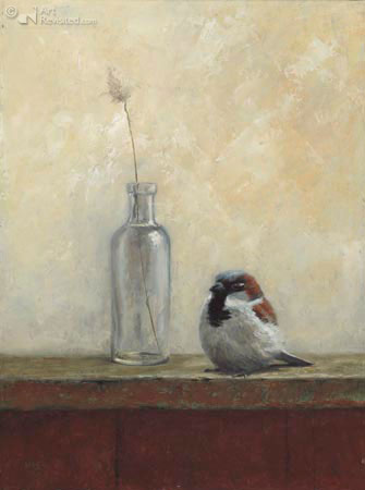 Glass Bottle and House sparrow